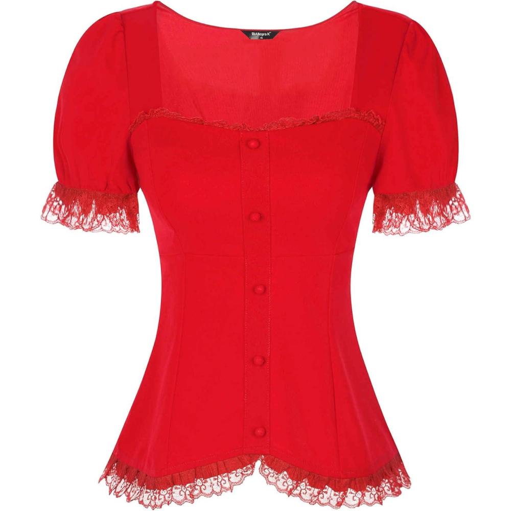 imageAllegra K Victorian Shirt for Womens Sweetheart Neck Puff Sleeve Halloween Lace Up Gothic BlouseRed