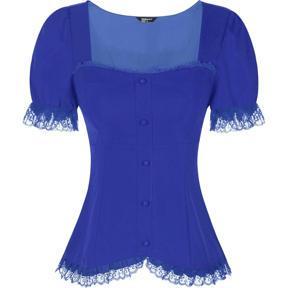 imageAllegra K Victorian Shirt for Womens Sweetheart Neck Puff Sleeve Halloween Lace Up Gothic BlouseRoyal Blue