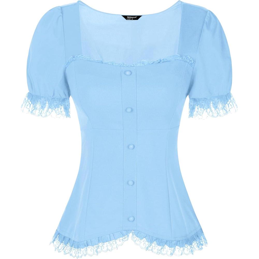 imageAllegra K Victorian Shirt for Womens Sweetheart Neck Puff Sleeve Halloween Lace Up Gothic BlouseSky Blue