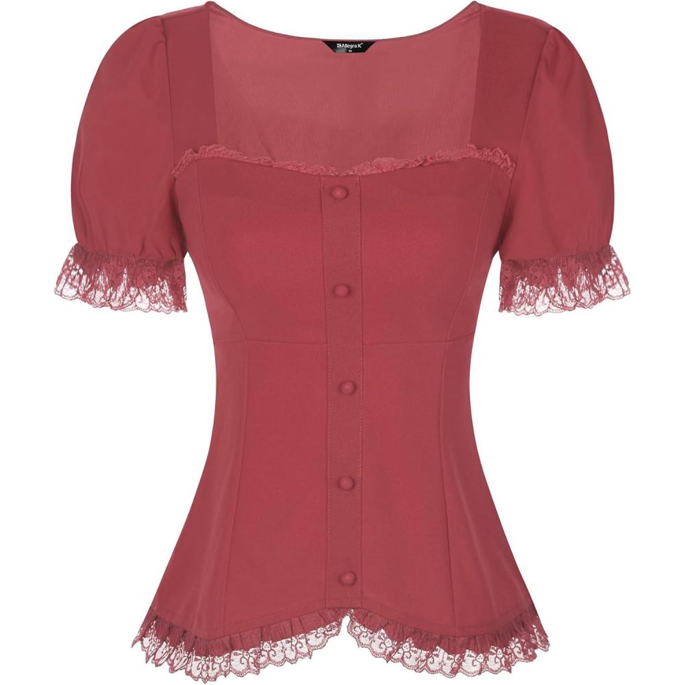 imageAllegra K Victorian Shirt for Womens Sweetheart Neck Puff Sleeve Halloween Lace Up Gothic BlouseWatermelon Red