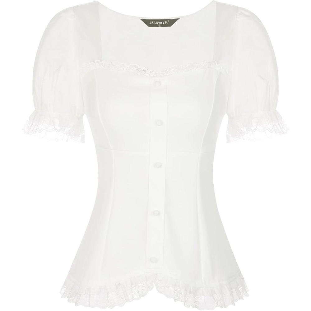 imageAllegra K Victorian Shirt for Womens Sweetheart Neck Puff Sleeve Halloween Lace Up Gothic BlouseWhite