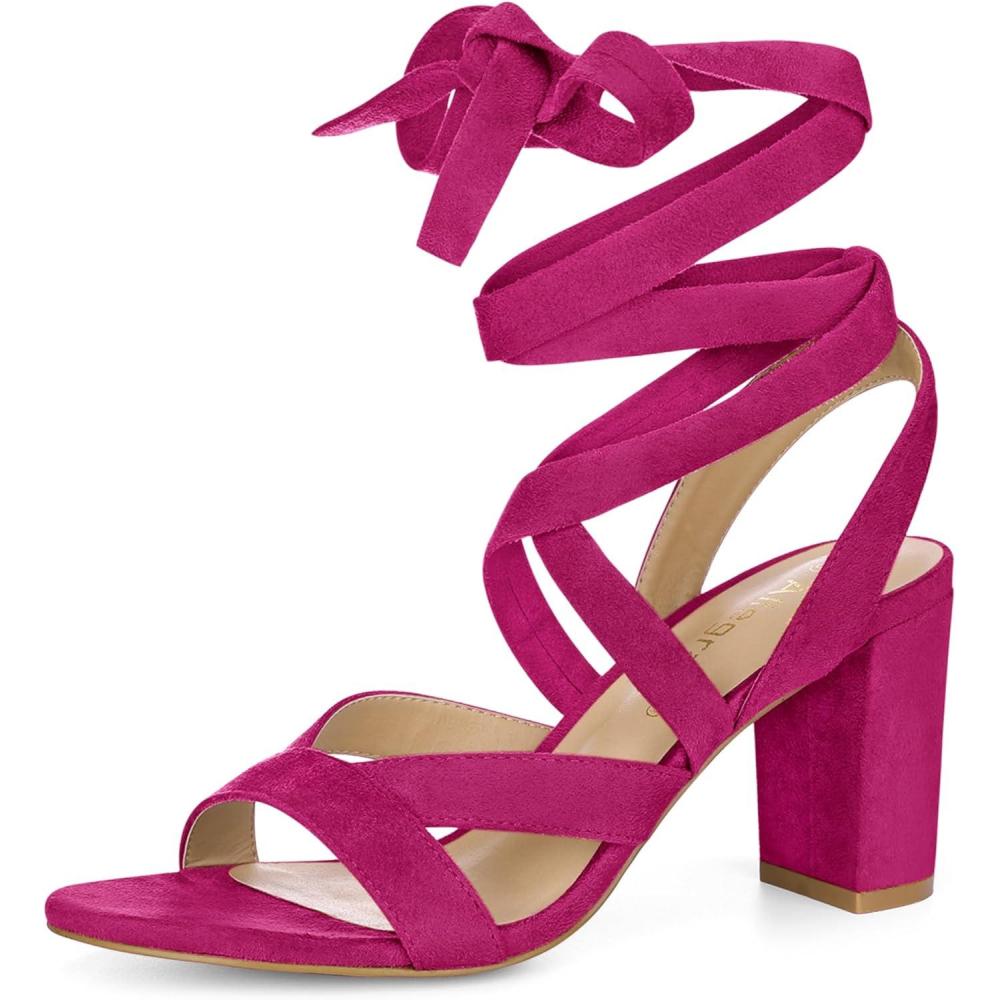 imageAllegra K Womens Crisscross Chunky Heel Lace Ups SandalsHot Pink