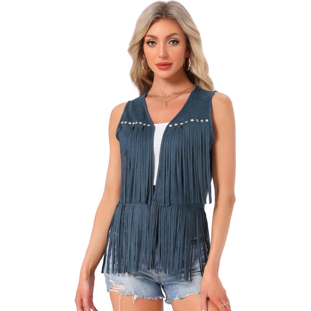imageAllegra K Womens Fringe Vest Open Front Western 70s Outfits Faux Suede Tassel CardiganDark Blue