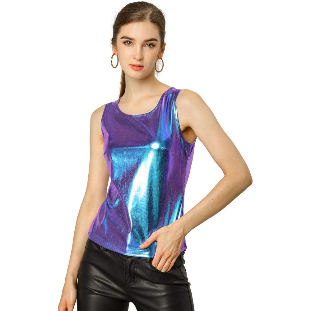 imageAllegra K Womens Halloween Shiny Top Party Club Cami Sparkly Metallic Tank TopBlue Purple
