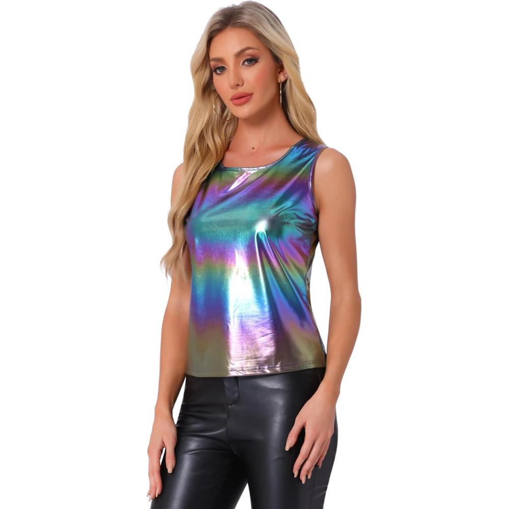 imageAllegra K Womens Halloween Shiny Top Party Club Cami Sparkly Metallic Tank TopMulticolor