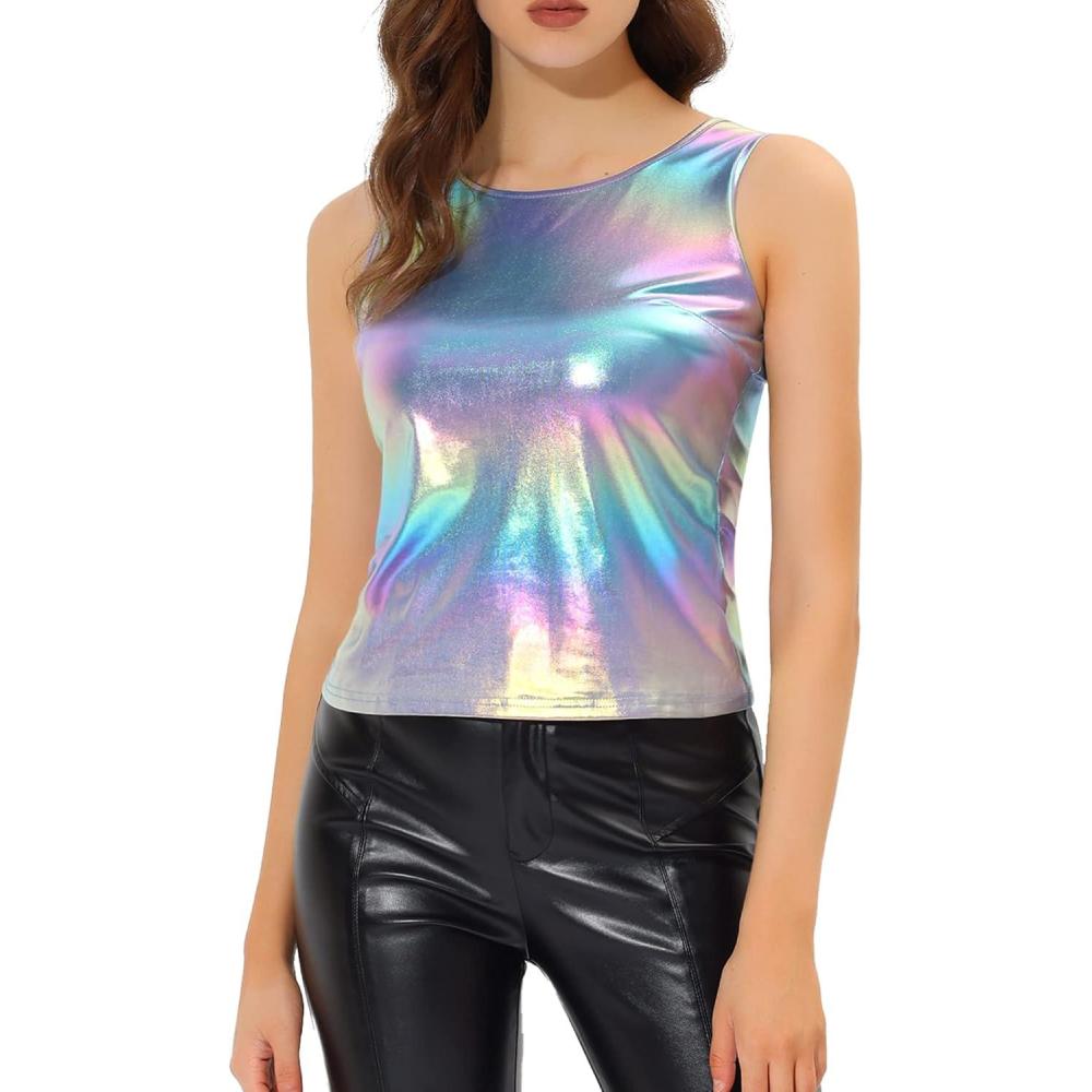 imageAllegra K Womens Halloween Shiny Top Party Club Cami Sparkly Metallic Tank TopMulticolor Blue
