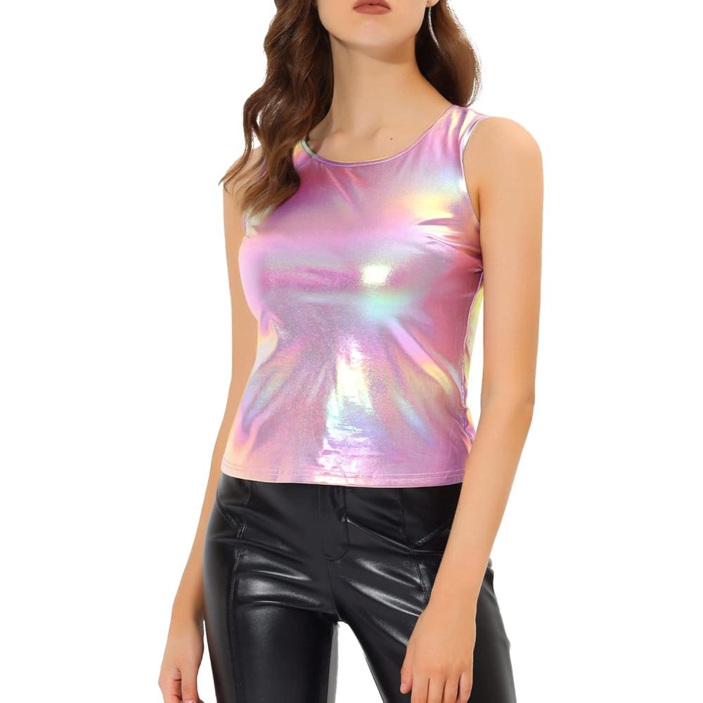 imageAllegra K Womens Halloween Shiny Top Party Club Cami Sparkly Metallic Tank TopMulticolor Pink