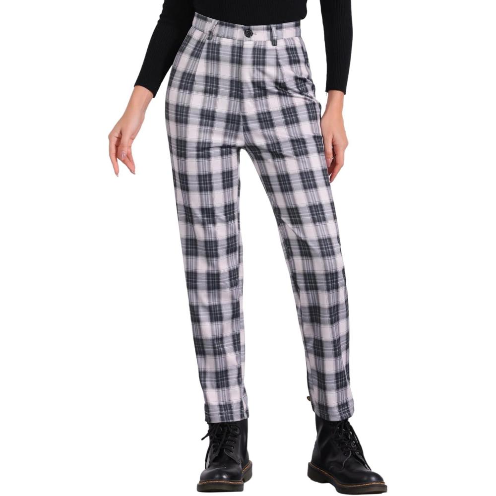 imageAllegra K Womens Plaid Pants High Waisted Vintage Tartan Checkered Cropped Casual Work PantsBlack Beige