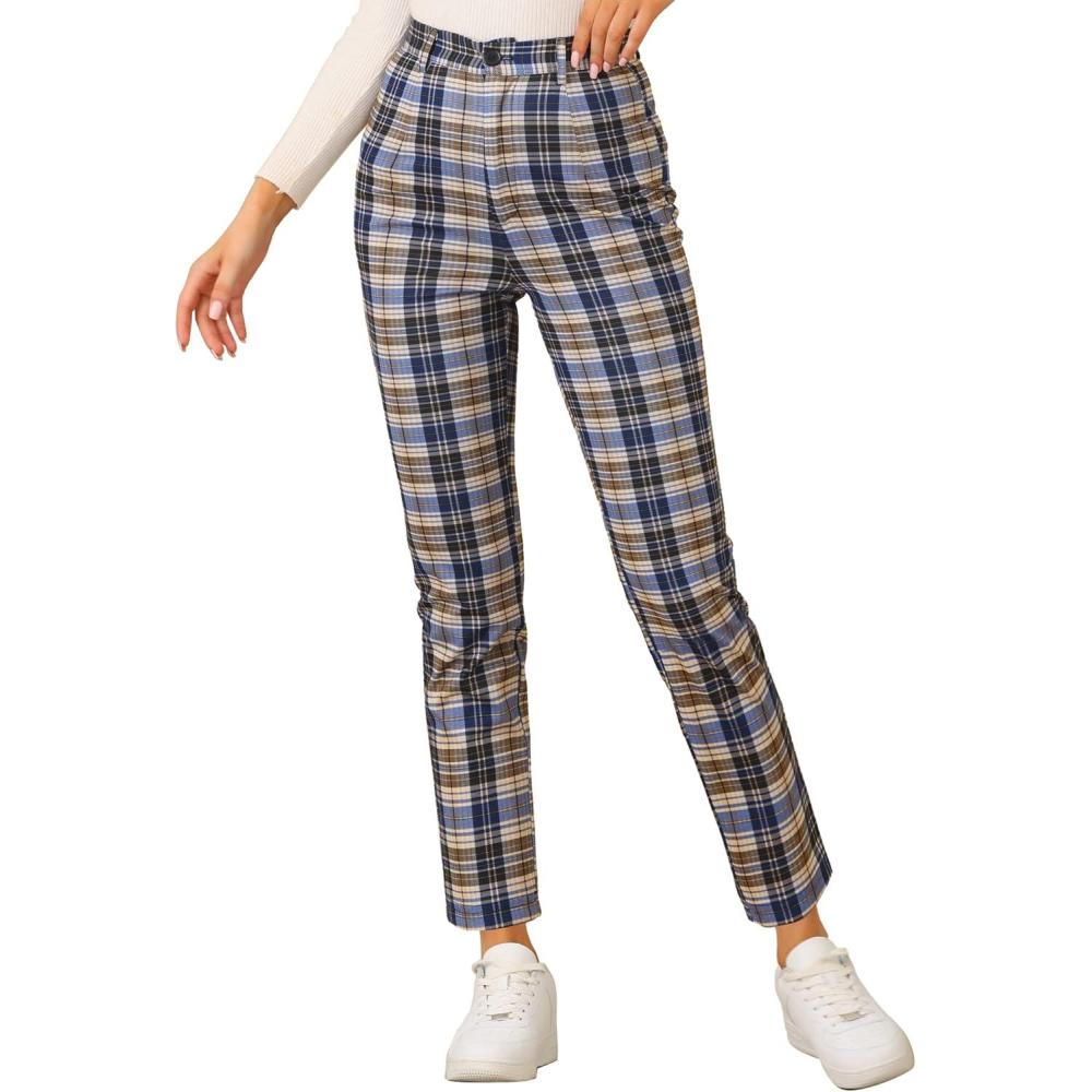imageAllegra K Womens Plaid Pants High Waisted Vintage Tartan Checkered Cropped Casual Work PantsBlue