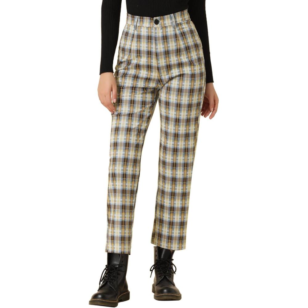 imageAllegra K Womens Plaid Pants High Waisted Vintage Tartan Checkered Cropped Casual Work PantsBlue Brown