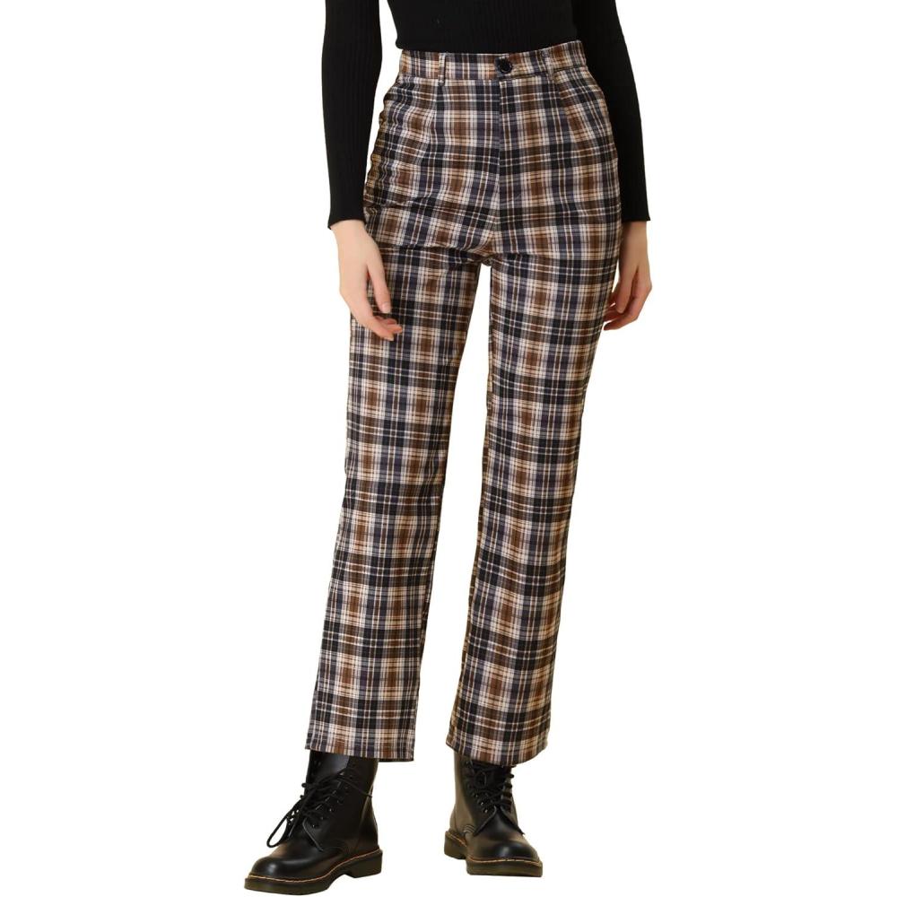 imageAllegra K Womens Plaid Pants High Waisted Vintage Tartan Checkered Cropped Casual Work PantsBrown