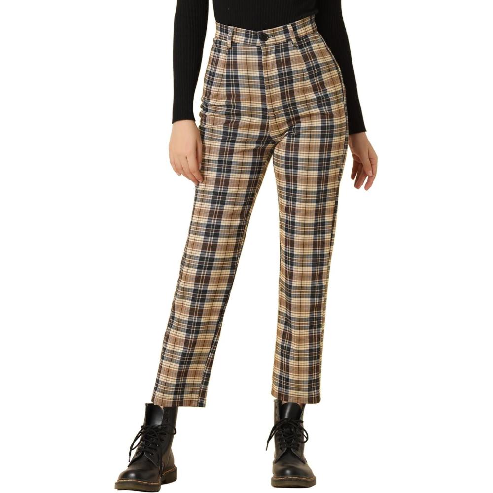 imageAllegra K Womens Plaid Pants High Waisted Vintage Tartan Checkered Cropped Casual Work PantsDark Brown