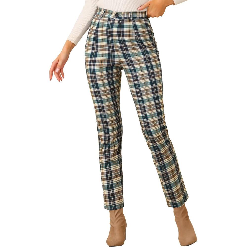 imageAllegra K Womens Plaid Pants High Waisted Vintage Tartan Checkered Cropped Casual Work PantsGreen