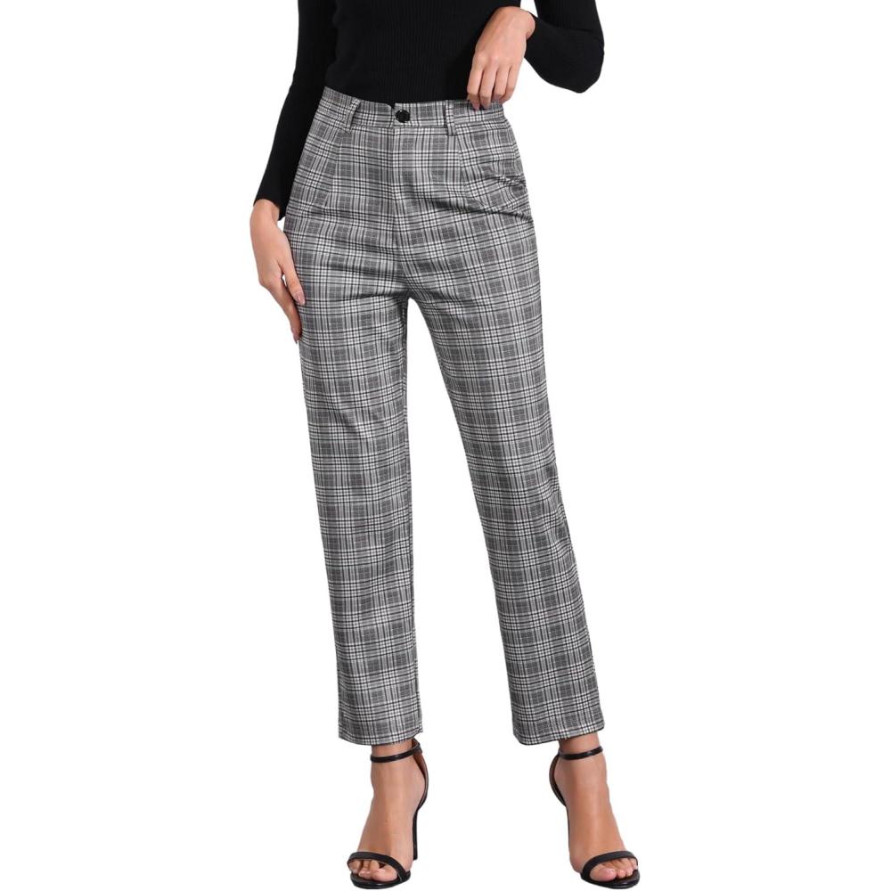 imageAllegra K Womens Plaid Pants High Waisted Vintage Tartan Checkered Cropped Casual Work PantsGrey Black