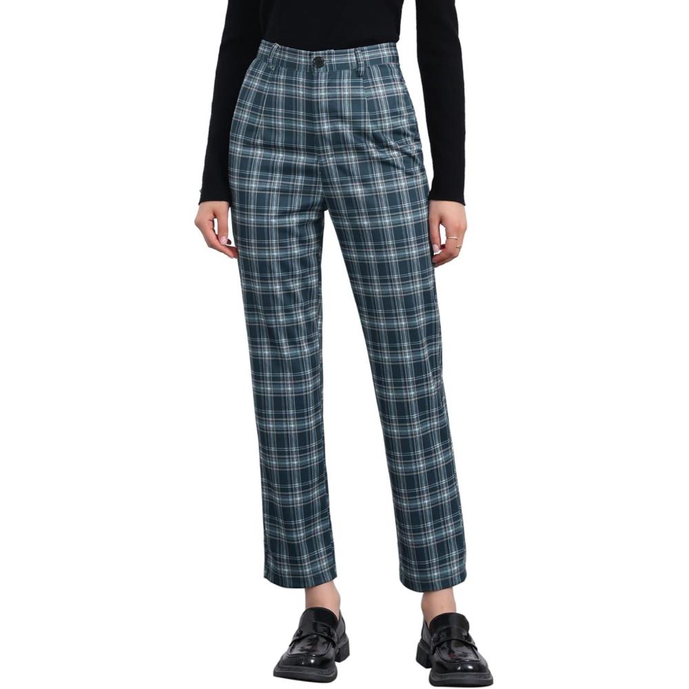 imageAllegra K Womens Plaid Pants High Waisted Vintage Tartan Checkered Cropped Casual Work PantsNavy Blue