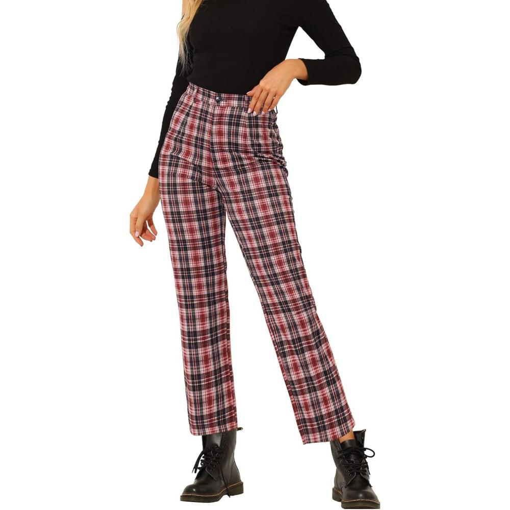 imageAllegra K Womens Plaid Pants High Waisted Vintage Tartan Checkered Cropped Casual Work PantsRed