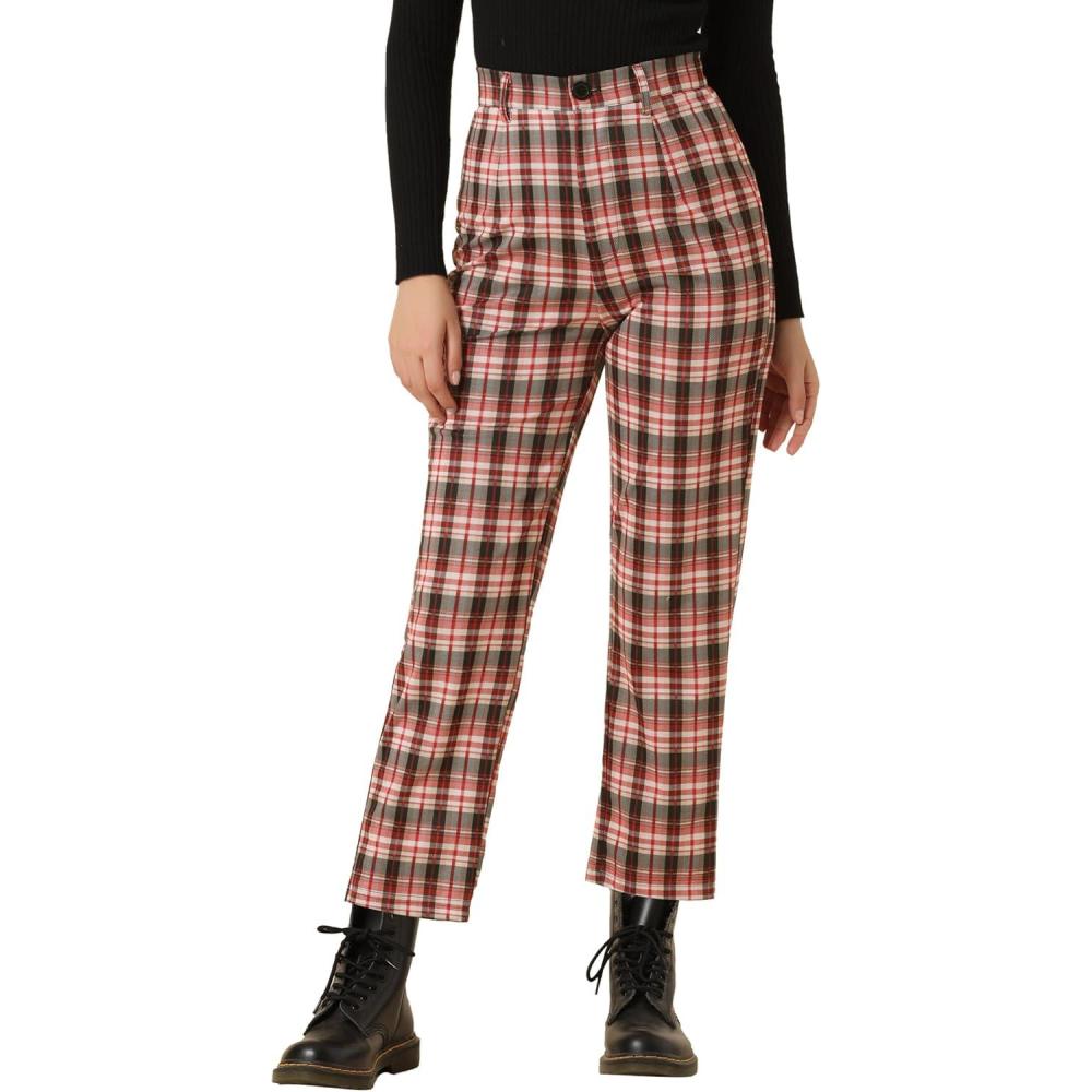 imageAllegra K Womens Plaid Pants High Waisted Vintage Tartan Checkered Cropped Casual Work PantsRed Black