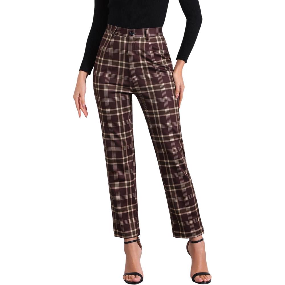imageAllegra K Womens Plaid Pants High Waisted Vintage Tartan Checkered Cropped Casual Work PantsRed Brown