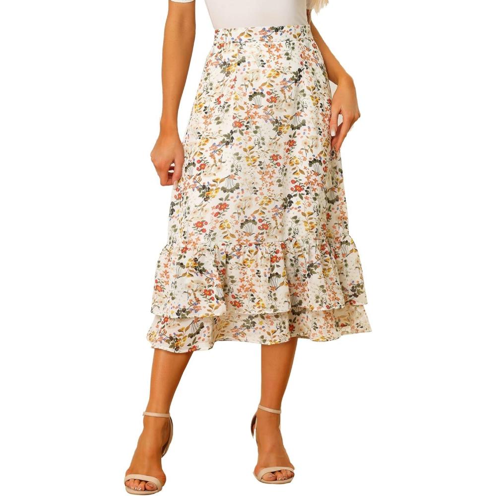 imageAllegra K Womens Printed Skirt 2025 Weekend Trendy Summer Chiffon Ruffle Tiered Flowy Midi SkirtsWhite Yellowfloral