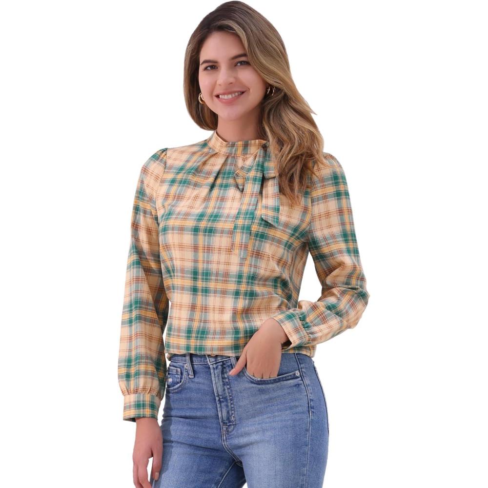 imageAllegra K Womens Tie Front Tops Long Sleeve Dressy Elegant Bow Neck ShirtKhaki Green