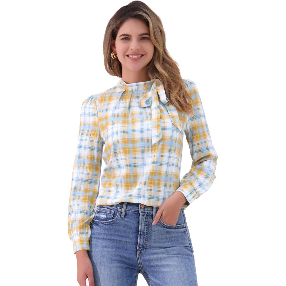 imageAllegra K Womens Tie Front Tops Long Sleeve Dressy Elegant Bow Neck ShirtWhite Yellow Green