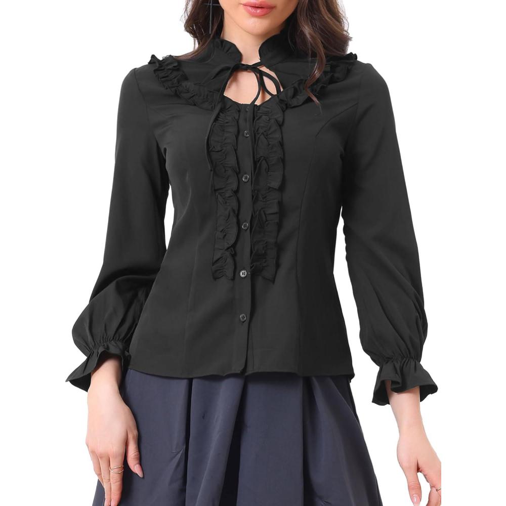 imageAllegra K Womens Victorian Blouse Vintage Ruffled Long Sleeve Button Up Gothic Shirt TopBlack