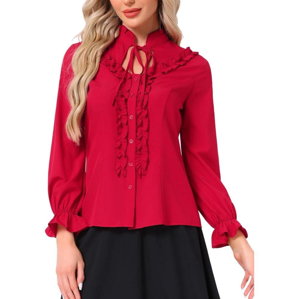imageAllegra K Womens Victorian Blouse Vintage Ruffled Long Sleeve Button Up Gothic Shirt TopDark Red