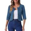 imageAllegra K Denim Jacket for Womens Collarless 2025 Cardigan 34 Sleeve Crop Jean JacketsPeacock Blue