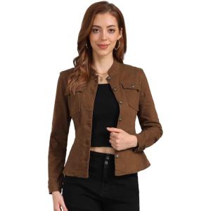 imageAllegra K Casual Denim Jacket for Womens Classic Stand Collar Long Sleeve Jean JacketBrown