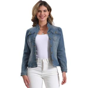 imageAllegra K Casual Denim Jacket for Womens Classic Stand Collar Long Sleeve Jean JacketVintage Blue