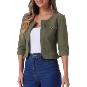 imageAllegra K Denim Jacket for Womens Collarless 2025 Cardigan 34 Sleeve Crop Jean JacketsArmy Green