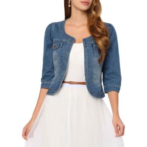 imageAllegra K Denim Jacket for Womens Collarless 2025 Cardigan 34 Sleeve Crop Jean JacketsBlue
