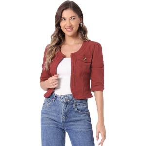 imageAllegra K Denim Jacket for Womens Collarless 2025 Cardigan 34 Sleeve Crop Jean JacketsBrick Red