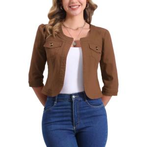 imageAllegra K Denim Jacket for Womens Collarless 2025 Cardigan 34 Sleeve Crop Jean JacketsBrown
