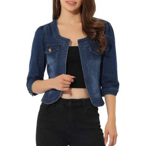 imageAllegra K Denim Jacket for Womens Collarless 2025 Cardigan 34 Sleeve Crop Jean JacketsDark Blue