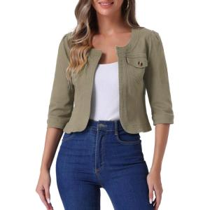 imageAllegra K Denim Jacket for Womens Collarless 2025 Cardigan 34 Sleeve Crop Jean JacketsField Grey