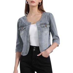 imageAllegra K Denim Jacket for Womens Collarless 2025 Cardigan 34 Sleeve Crop Jean JacketsGray