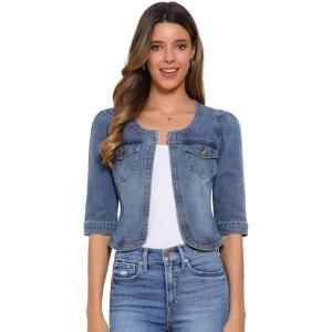 imageAllegra K Denim Jacket for Womens Collarless 2025 Cardigan 34 Sleeve Crop Jean JacketsGray Blue