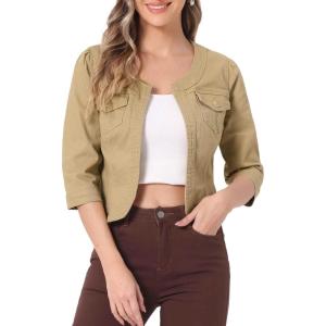 imageAllegra K Denim Jacket for Womens Collarless 2025 Cardigan 34 Sleeve Crop Jean JacketsKhaki