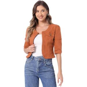 imageAllegra K Denim Jacket for Womens Collarless 2025 Cardigan 34 Sleeve Crop Jean JacketsOrange