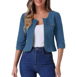 imageAllegra K Denim Jacket for Womens Collarless 2025 Cardigan 34 Sleeve Crop Jean JacketsPeacock Blue