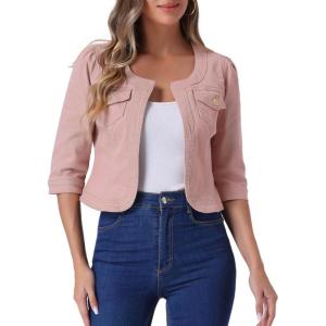 imageAllegra K Denim Jacket for Womens Collarless 2025 Cardigan 34 Sleeve Crop Jean JacketsPink