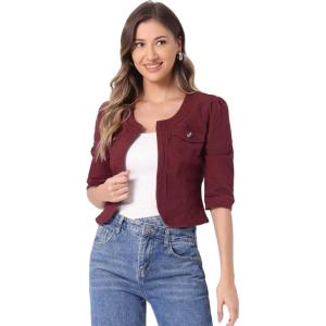imageAllegra K Denim Jacket for Womens Collarless 2025 Cardigan 34 Sleeve Crop Jean JacketsPurple Red