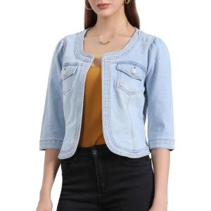 imageAllegra K Denim Jacket for Womens Collarless 2025 Cardigan 34 Sleeve Crop Jean JacketsSky Blue