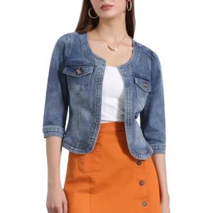 imageAllegra K Denim Jacket for Womens Collarless 2025 Cardigan 34 Sleeve Crop Jean JacketsWashed Blue