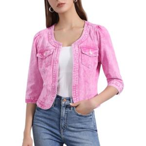imageAllegra K Denim Jacket for Womens Collarless 2025 Cardigan 34 Sleeve Crop Jean JacketsWashed Pink