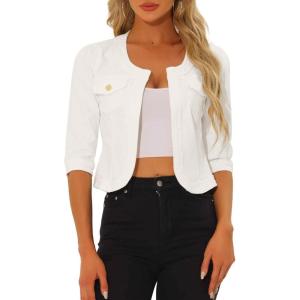 imageAllegra K Denim Jacket for Womens Collarless 2025 Cardigan 34 Sleeve Crop Jean JacketsWhite