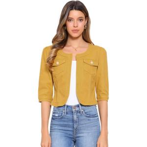 imageAllegra K Denim Jacket for Womens Collarless 2025 Cardigan 34 Sleeve Crop Jean JacketsYellow