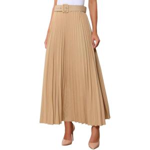 imageAllegra K Long Pleated Skirt for Womens Elastic High Waist with Belt Swing Aline Work Maxi SkirtKhaki