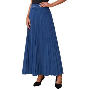 imageAllegra K Long Pleated Skirt for Womens Elastic High Waist with Belt Swing Aline Work Maxi SkirtNavy Blue